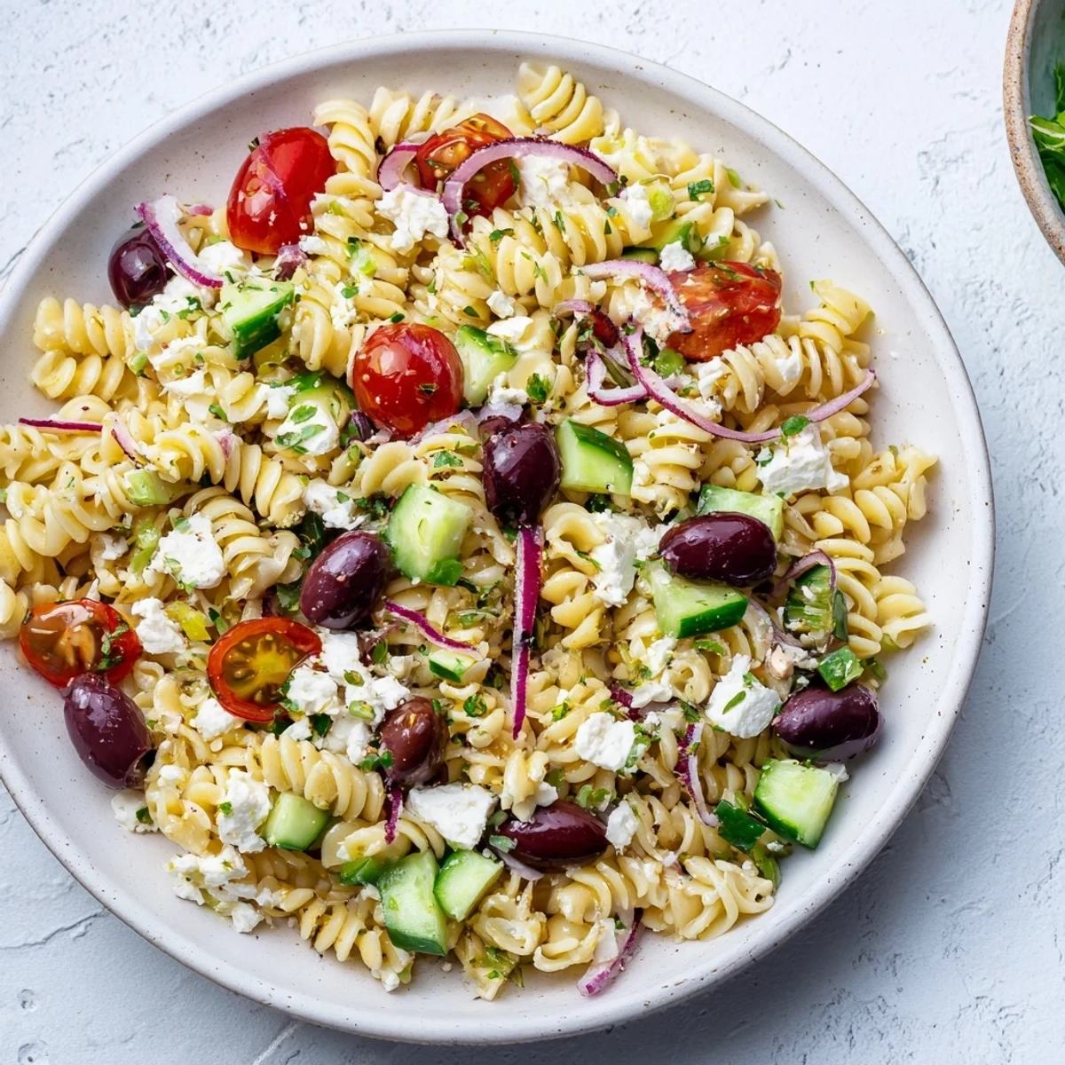 Colorful Greek pasta salad with crisp vegetables, tangy feta, and zesty herb dressing in a serving bowl