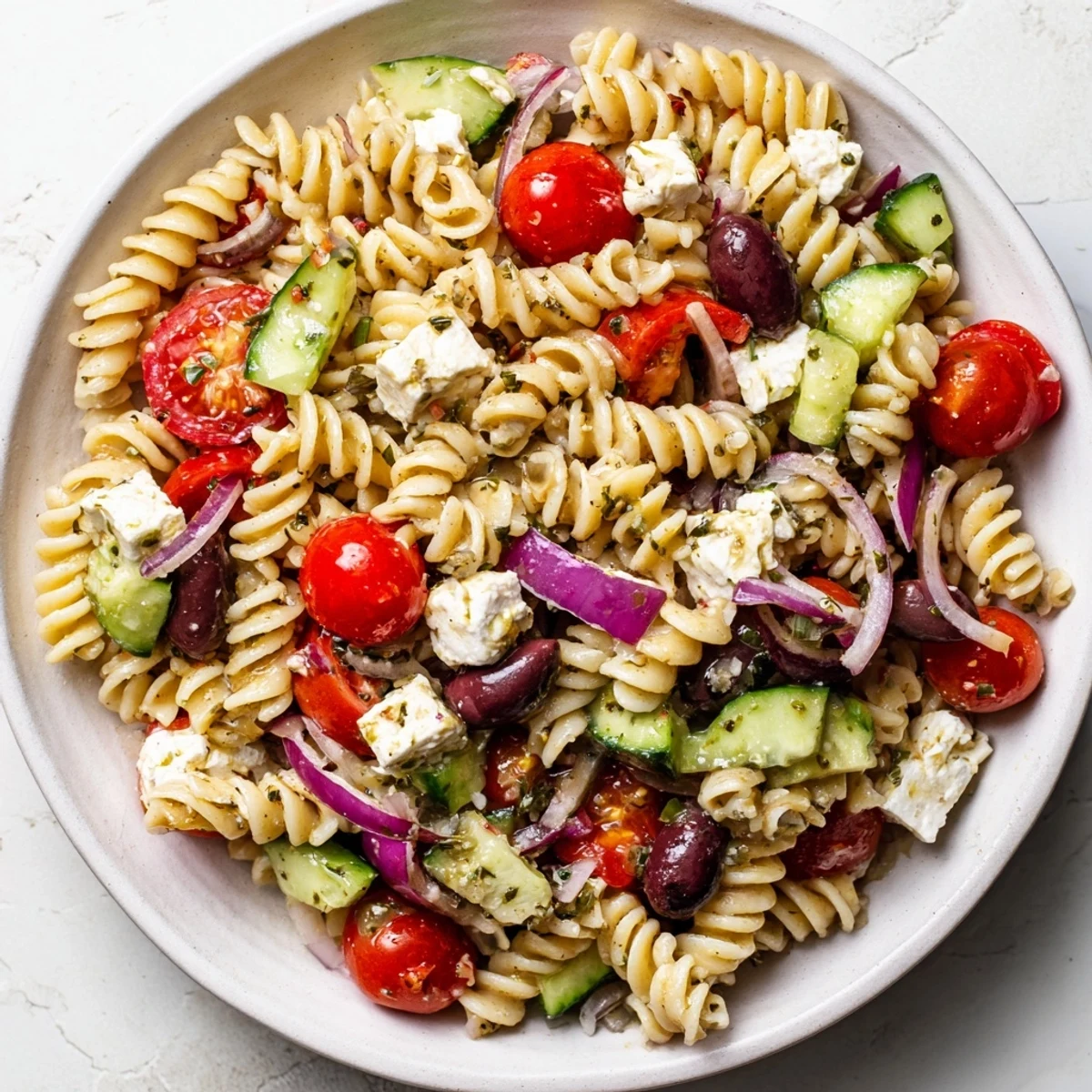 Creamy feta cheese and ripe tomatoes top this vibrant Greek pasta salad ready for serving