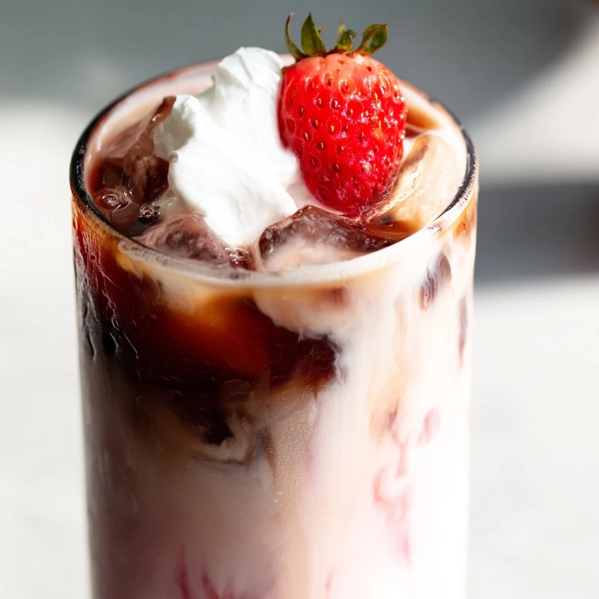 Creamy strawberry cold latte in a tall glass topped with fluffy whipped cream and fresh berry garnish