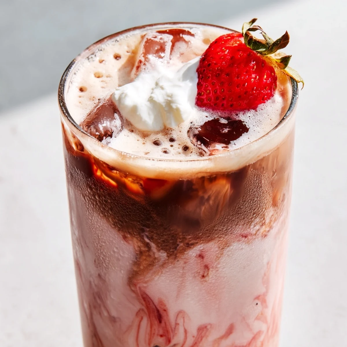 Refreshing strawberry cream cold latte with marbled coffee layers poured over ice on a sunny afternoon