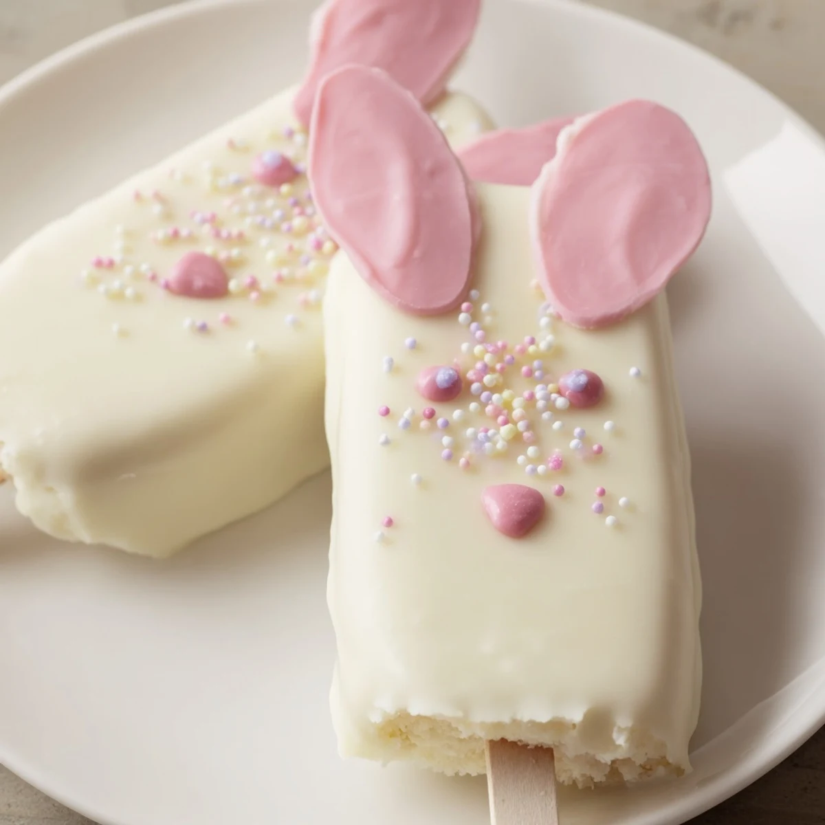 Adorable white chocolate bunny cakesicles with candy eyes and pink ears on a rustic wooden serving board