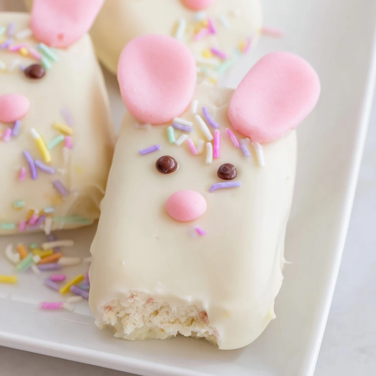 Creamy white chocolate bunny cakesicles decorated with colorful sprinkles for a festive Easter dessert display