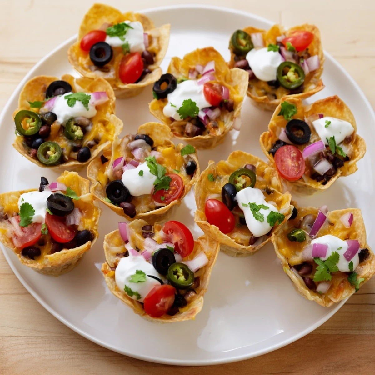 Golden cheesy nacho cups bubbling with melted cheddar and colorful fresh toppings in muffin tin