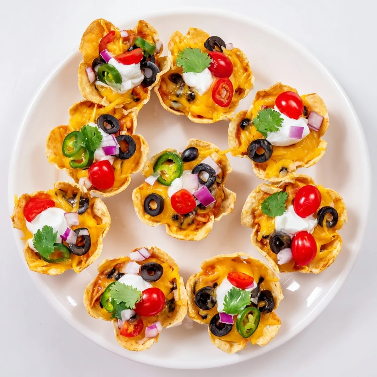 Crispy tortilla cups overflowing with gooey Monterey Jack cheese beans tomatoes and jalapeño slices