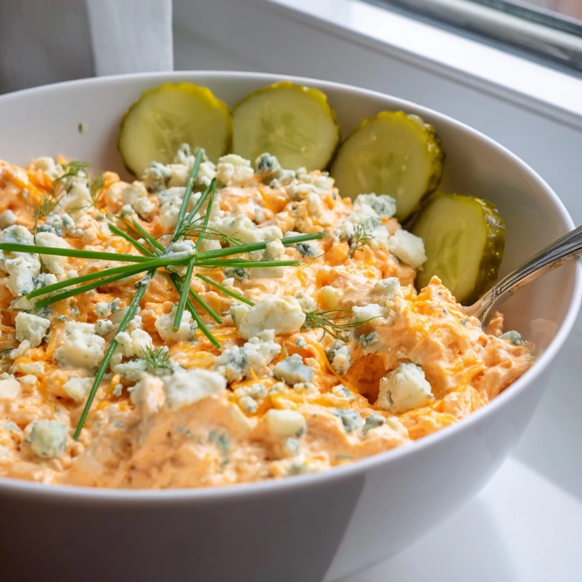 Creamy buffalo pickle dip in a serving bowl surrounded by crispy chips and fresh veggie sticks