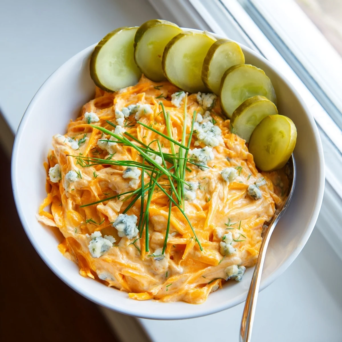 Tangy buffalo pickle dip topped with cheddar cheese and chives ready for game day snacking