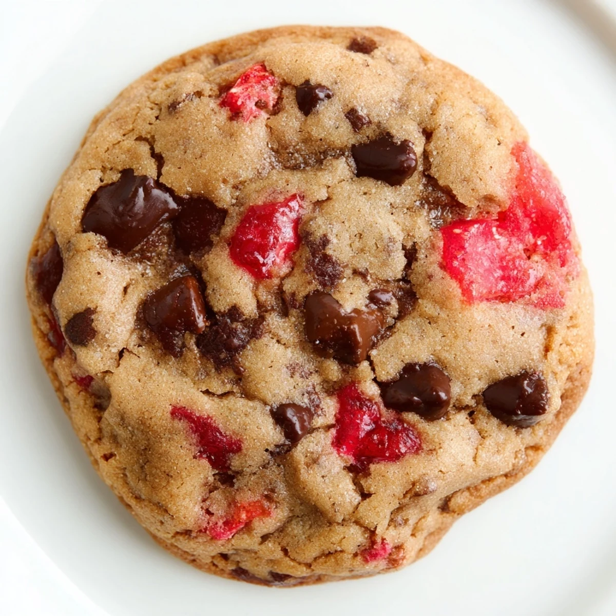 Soft maraschino cherry chocolate chip cookies with gooey melted chips and bright red fruit pieces