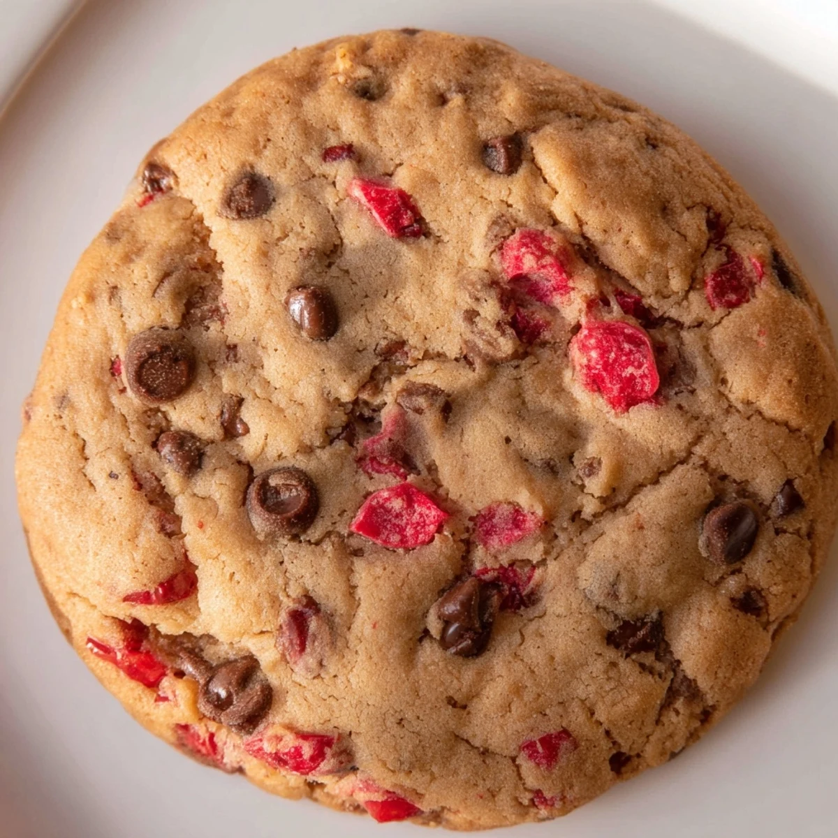 Chewy maraschino cherry chocolate chip cookies stacked on a rustic plate for dessert serving