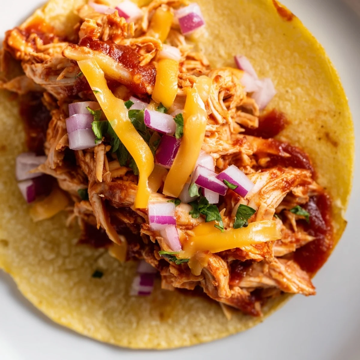 Juicy Slow Cooker Shredded Chicken Tacos loaded with fresh toppings in crispy corn shells