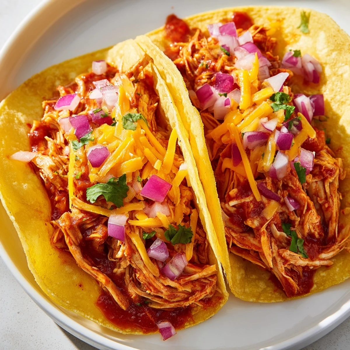 Savory Slow Cooker Shredded Chicken Tacos garnished with cilantro, cheese, and lime wedges