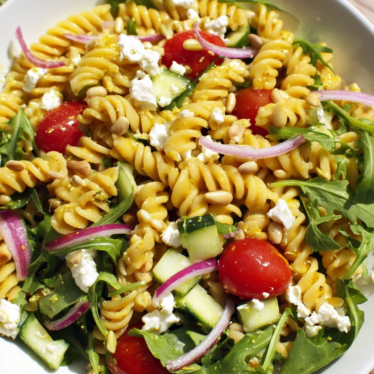 Bright lemon arugula pasta salad tossed with cherry tomatoes and cucumber in zesty dressing