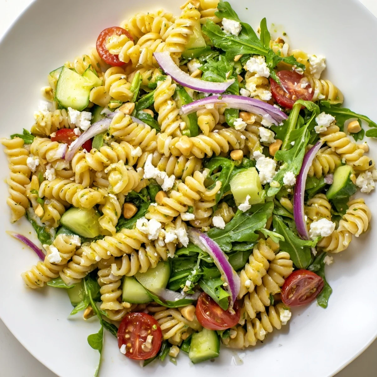 Refreshing lemon arugula pasta salad topped with crumbled feta and toasted pine nuts
