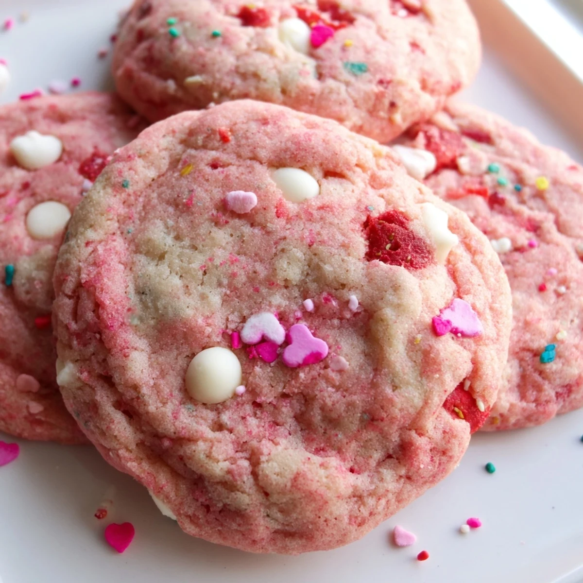 Soft pink Valentine strawberry cookies with white chocolate chips arranged on a rustic baking sheet