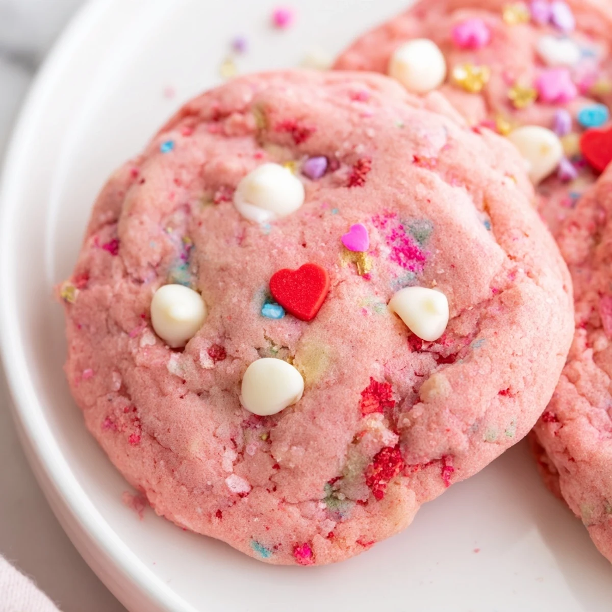 Chewy Valentine strawberry cookies topped with heart-shaped sprinkles on a white ceramic serving plate