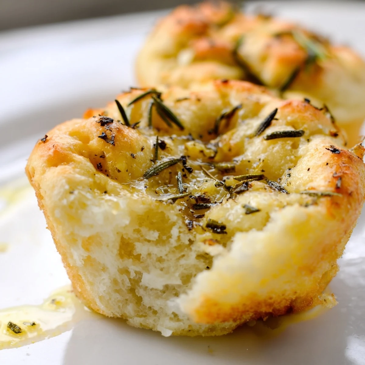 Golden Garlic Rosemary Focaccia Muffins fresh from the oven with crispy, herb-flecked tops