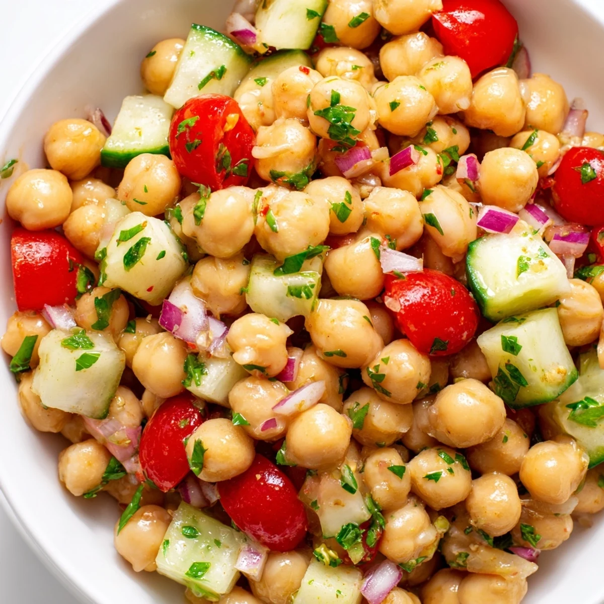 Crispy chickpea cucumber salad topped with halved cherry tomatoes and zesty vinaigrette