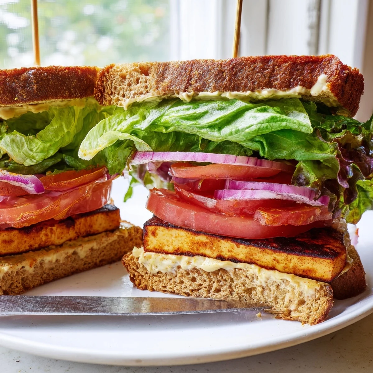 Golden smoky tofu lettuce tomato TLT sandwich stacked on toasted sourdough with ripe tomatoes
