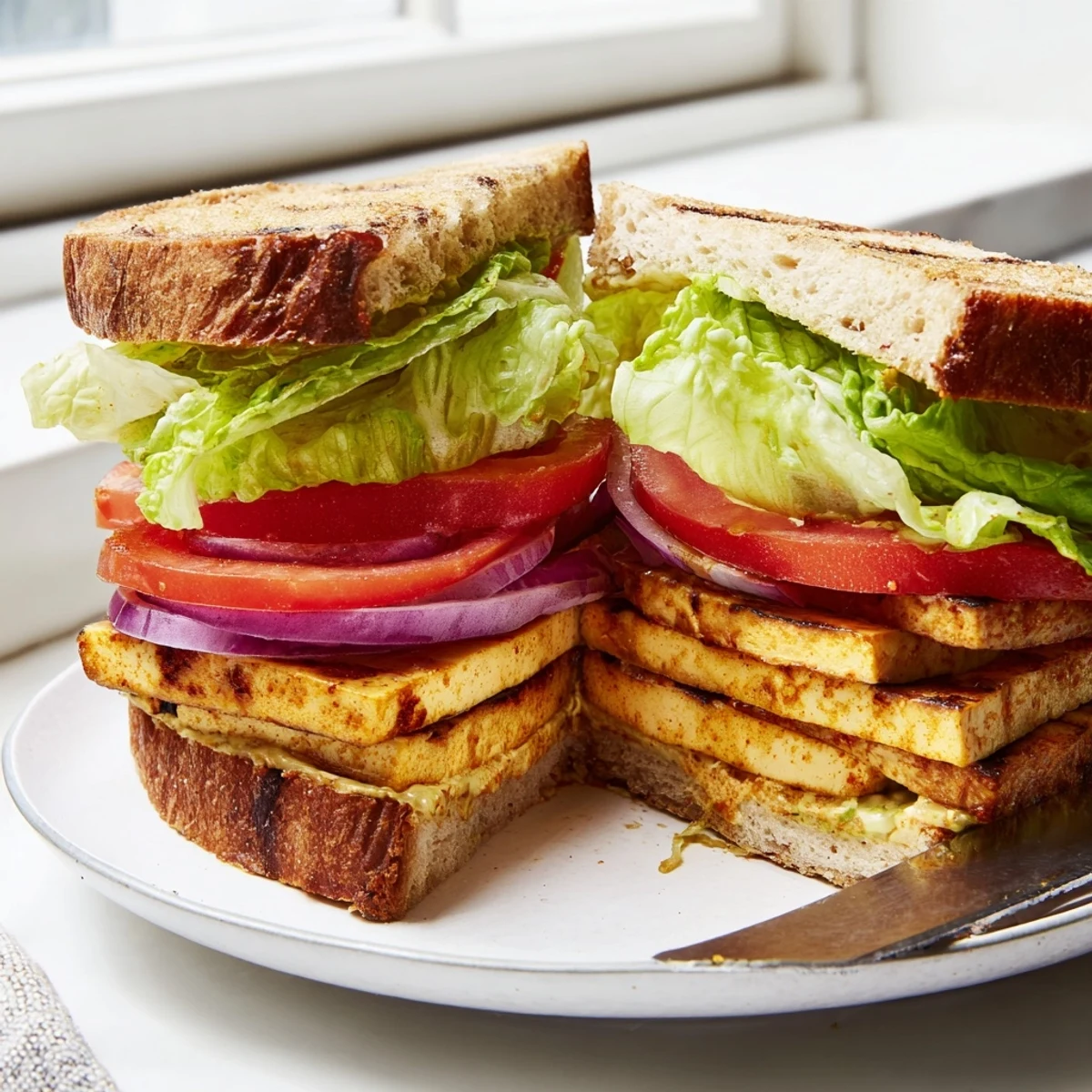 Smoky marinated tofu slices tucked into a fresh summer TLT sandwich with crunchy lettuce
