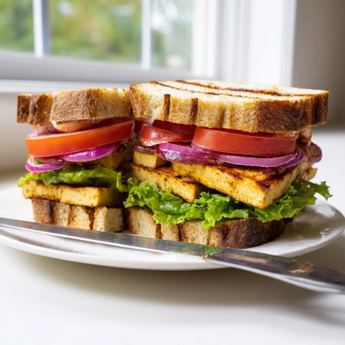 Crisp lettuce and juicy tomatoes layered in a summer smoky tofu TLT sandwich