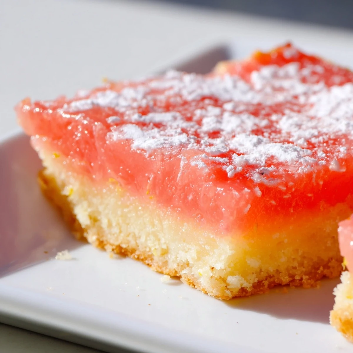 Bright pink grapefruit bars dusted with powdered sugar on a rustic cutting board