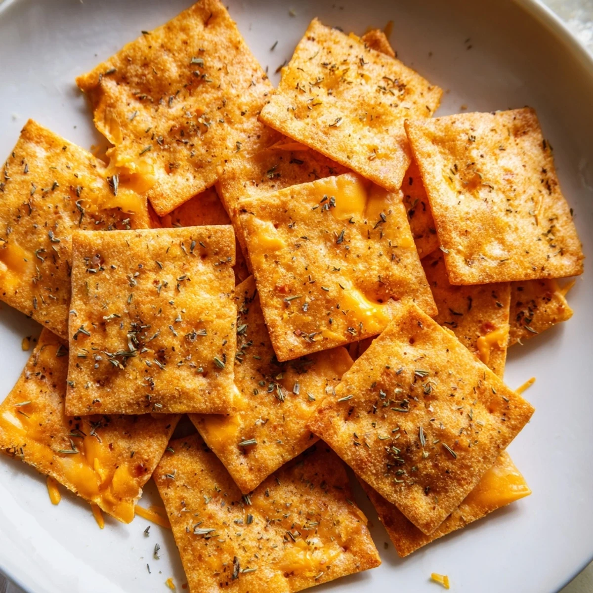 Golden taco crackers sprinkled with melted cheddar and dried oregano on parchment
