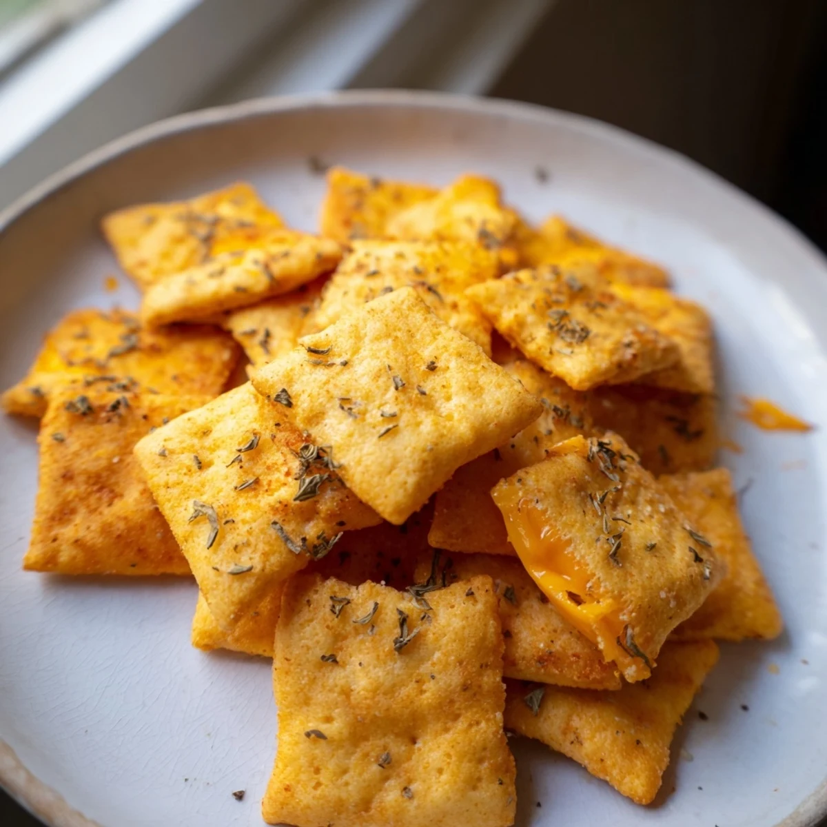 Crunchy taco crackers arranged on a rustic tray beside fresh guacamole dip