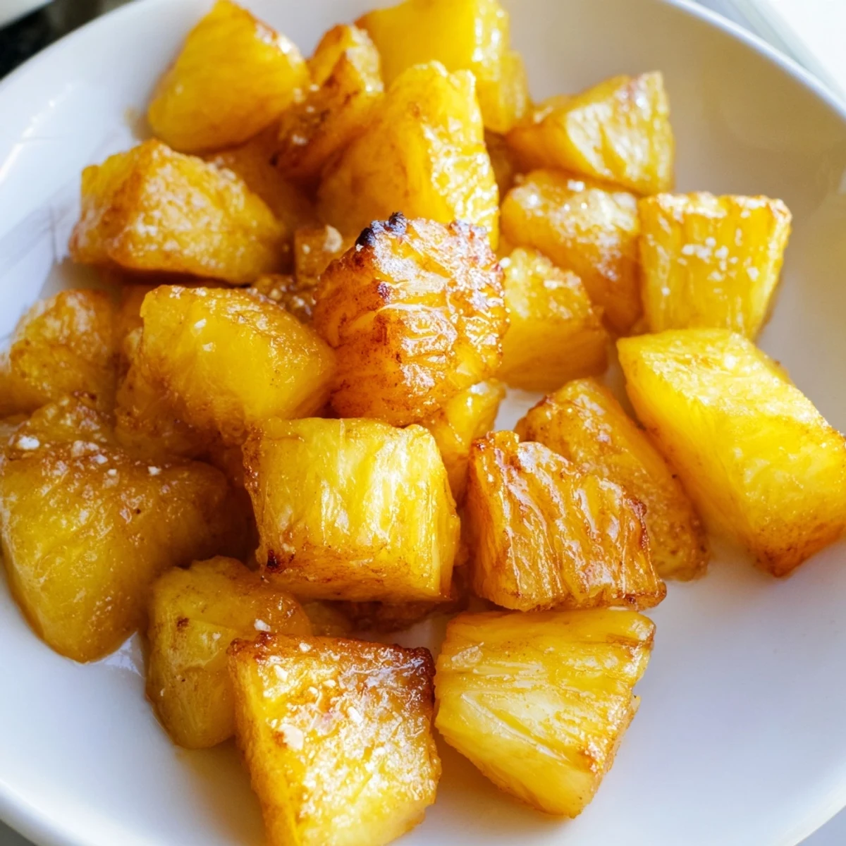 Golden caramelized air fryer pineapple chunks with crispy edges served steaming hot