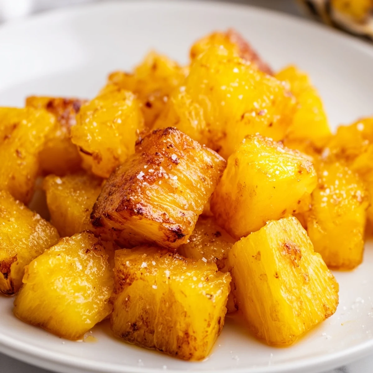 Cinnamon-dusted air fryer pineapple chunks glistening with brown sugar in a bowl