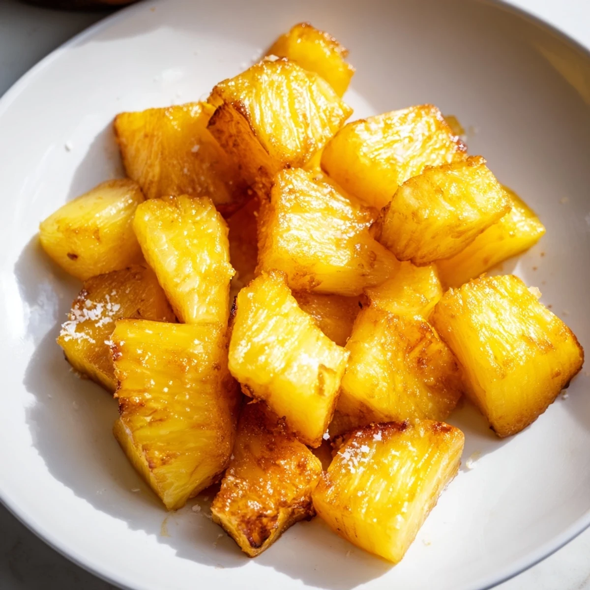 Air fryer pineapple chunks arranged on a plate as a sweet tropical snack