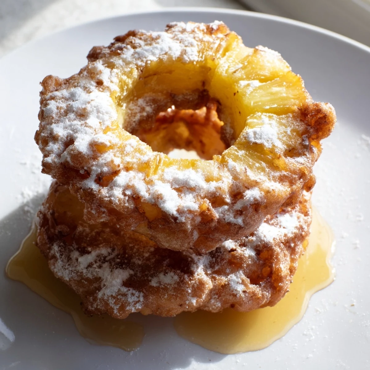 Crispy golden fried pineapple rings dusted with powdered sugar on a rustic plate