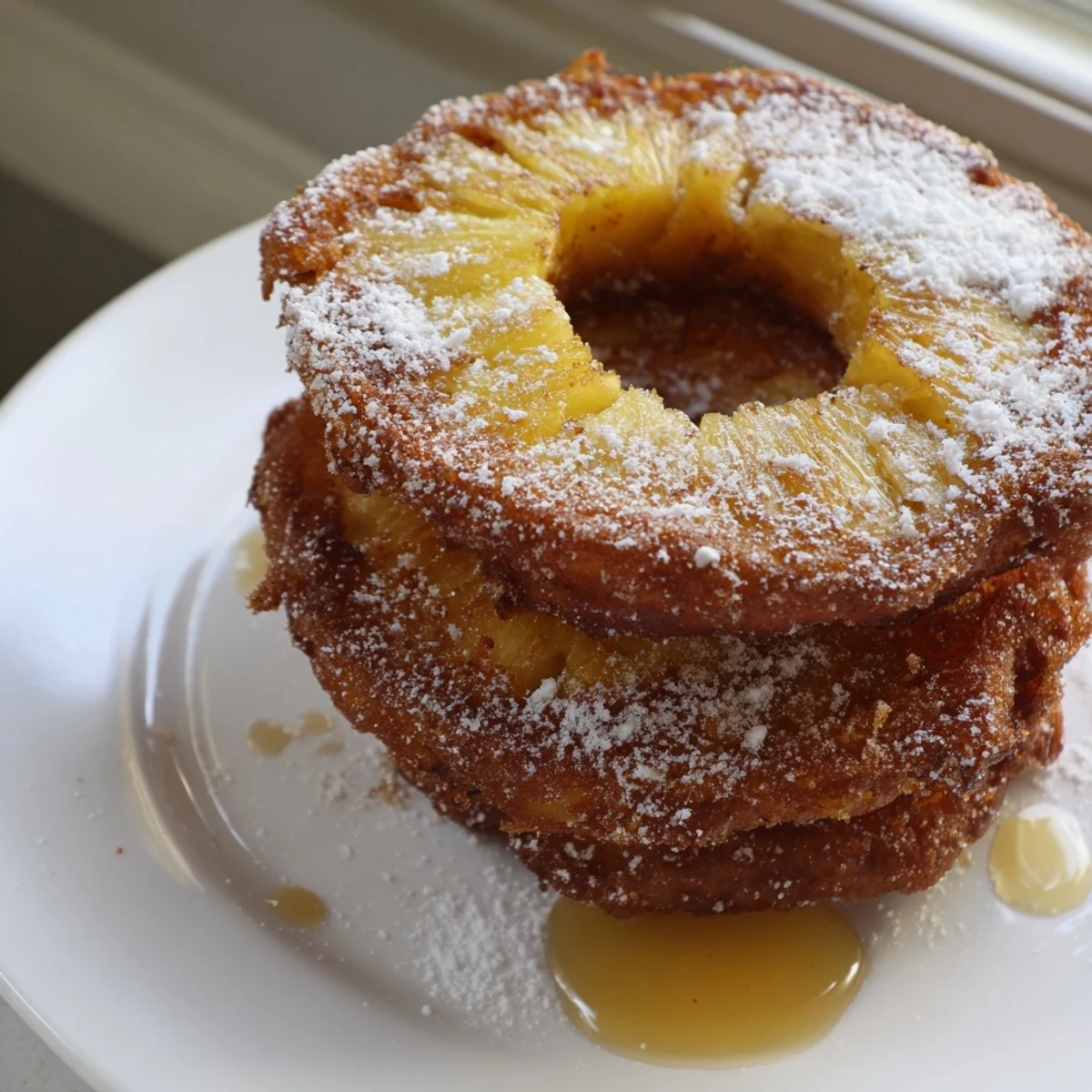 Battered fried pineapple rings drizzled with caramel sauce beside vanilla ice cream