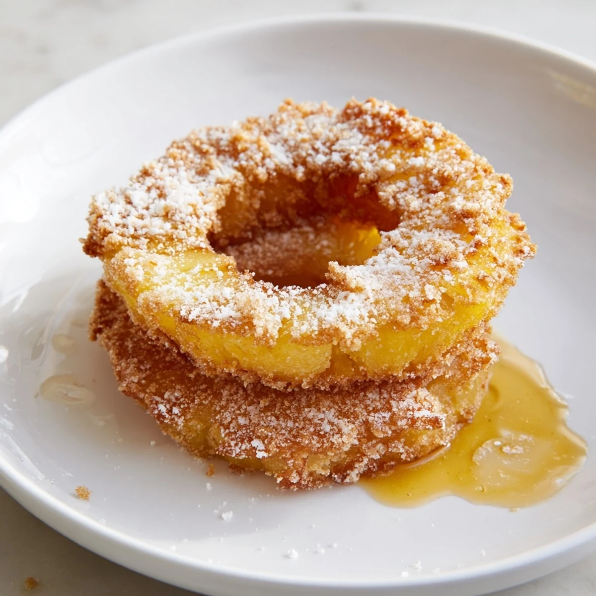 Close-up of perfectly caramelized fried pineapple rings stacked and sprinkled with cinnamon