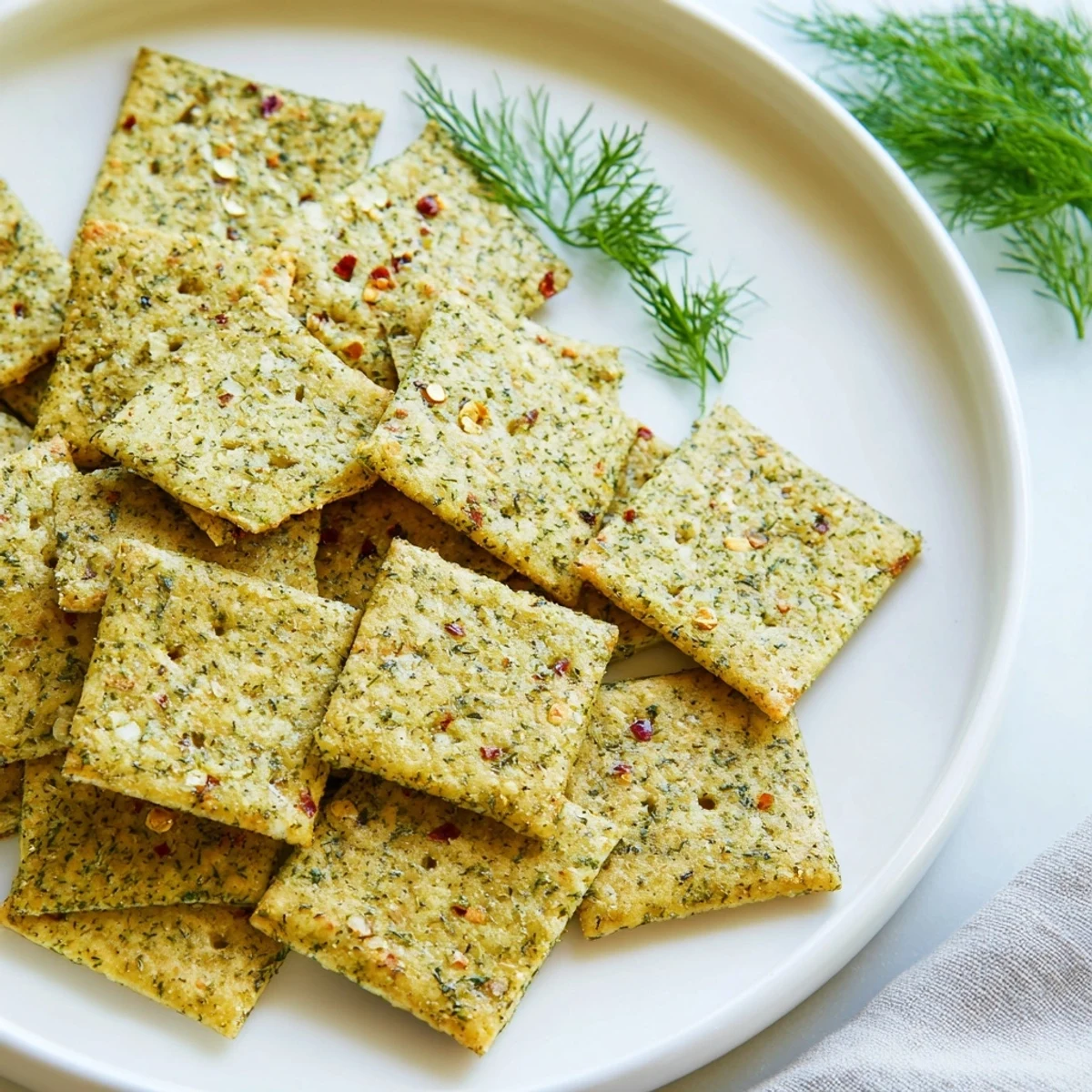 Crispy dill pickle saltines brushed with herbed butter, baked golden on a parchment-lined sheet.
