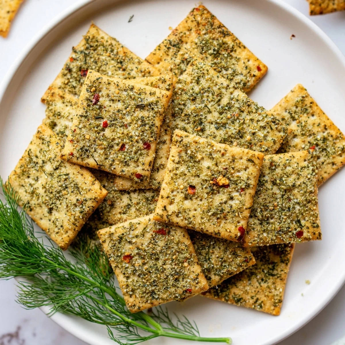 Warm dill pickle saltines glistening with garlic butter and sprinkled with fresh chopped dill weed.