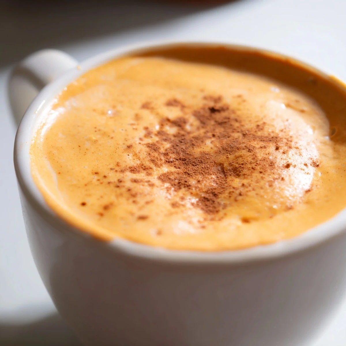 Vibrant purple Korean sweet potato latte poured into two white ceramic mugs