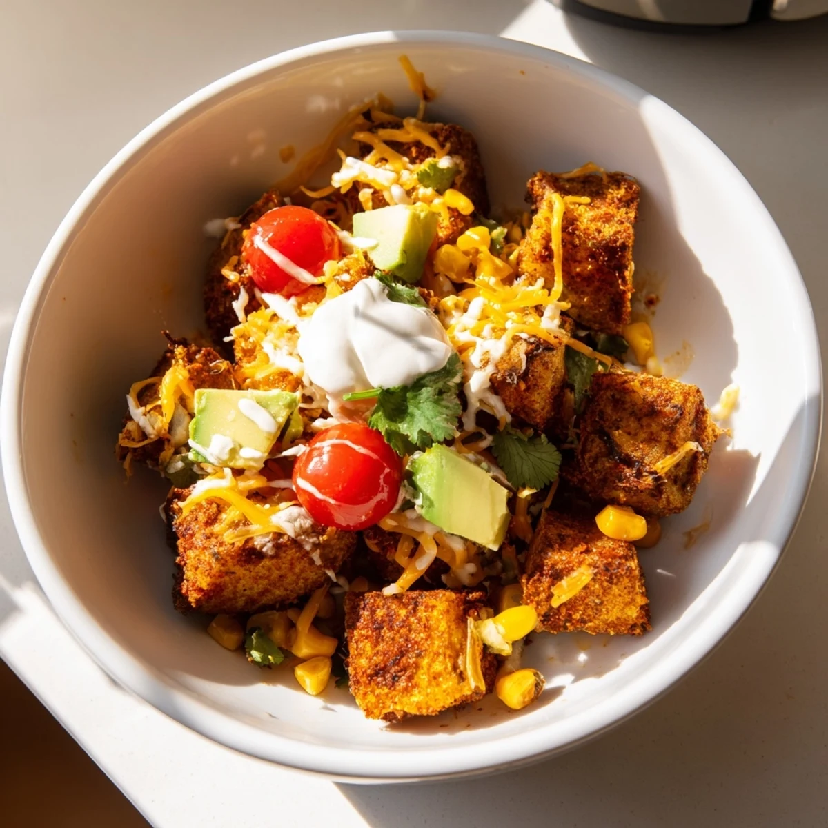 Golden roasted potatoes topped with melted cheddar in loaded fiesta potato bowls