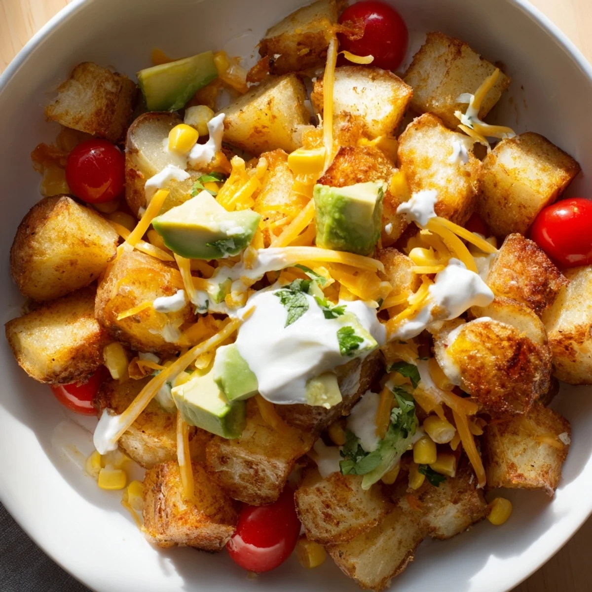 Crispy spiced potatoes and zesty black beans in loaded fiesta potato bowls