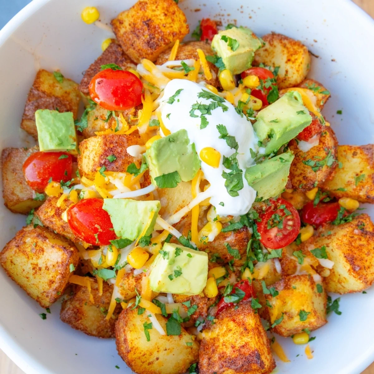 Steamy loaded fiesta potato bowls drizzled with sour cream and fresh cilantro