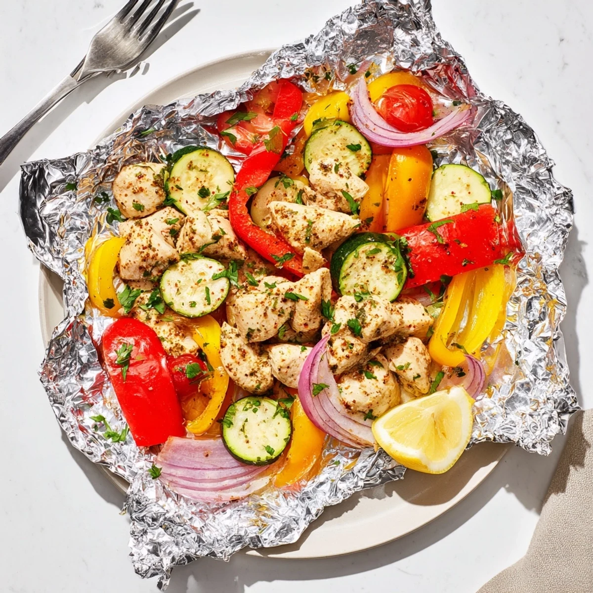 Juicy chicken foil packets recipe with roasted bell peppers and tender zucchini.