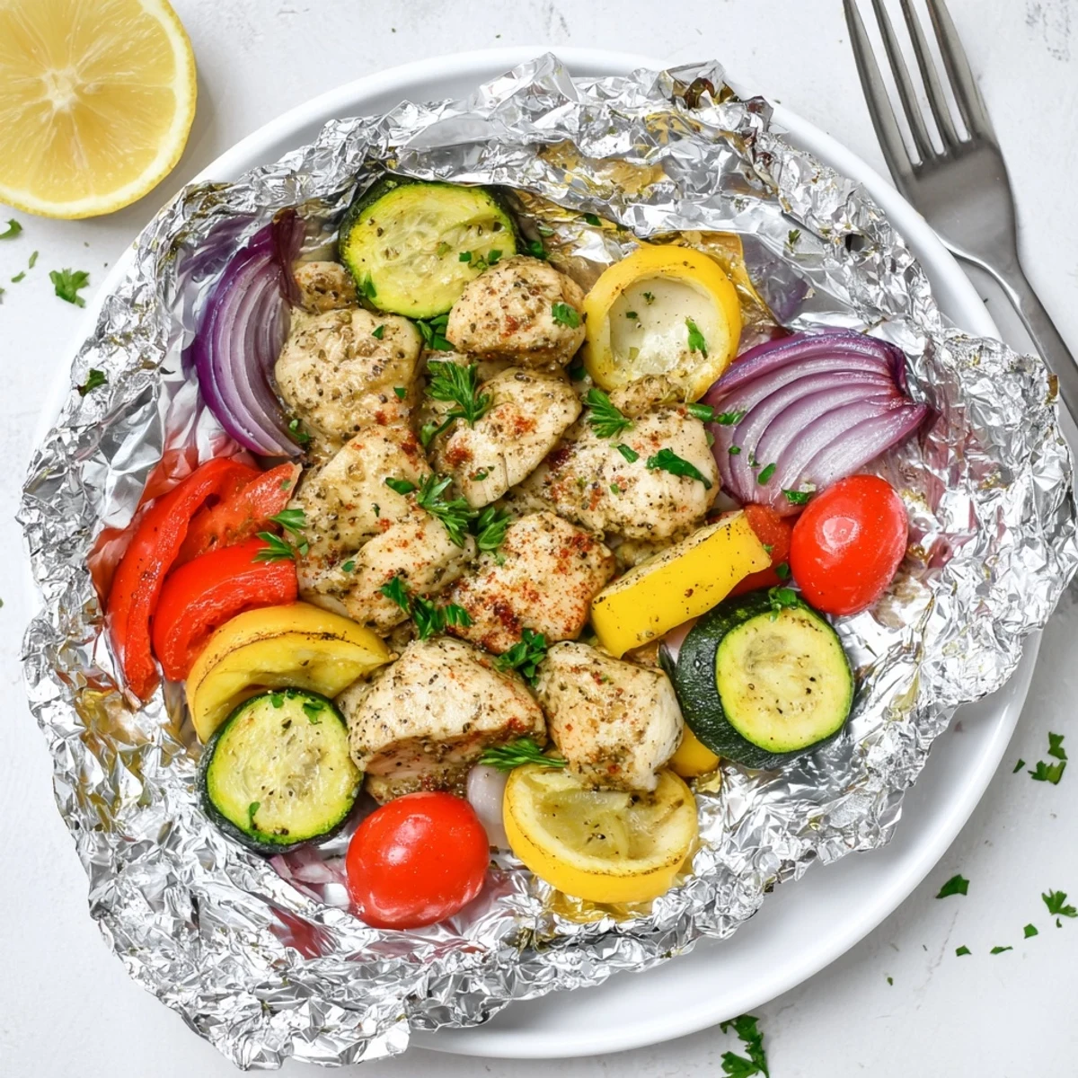 Crispy-edged chicken foil packets recipe garnished with fresh parsley and lemon wedges.