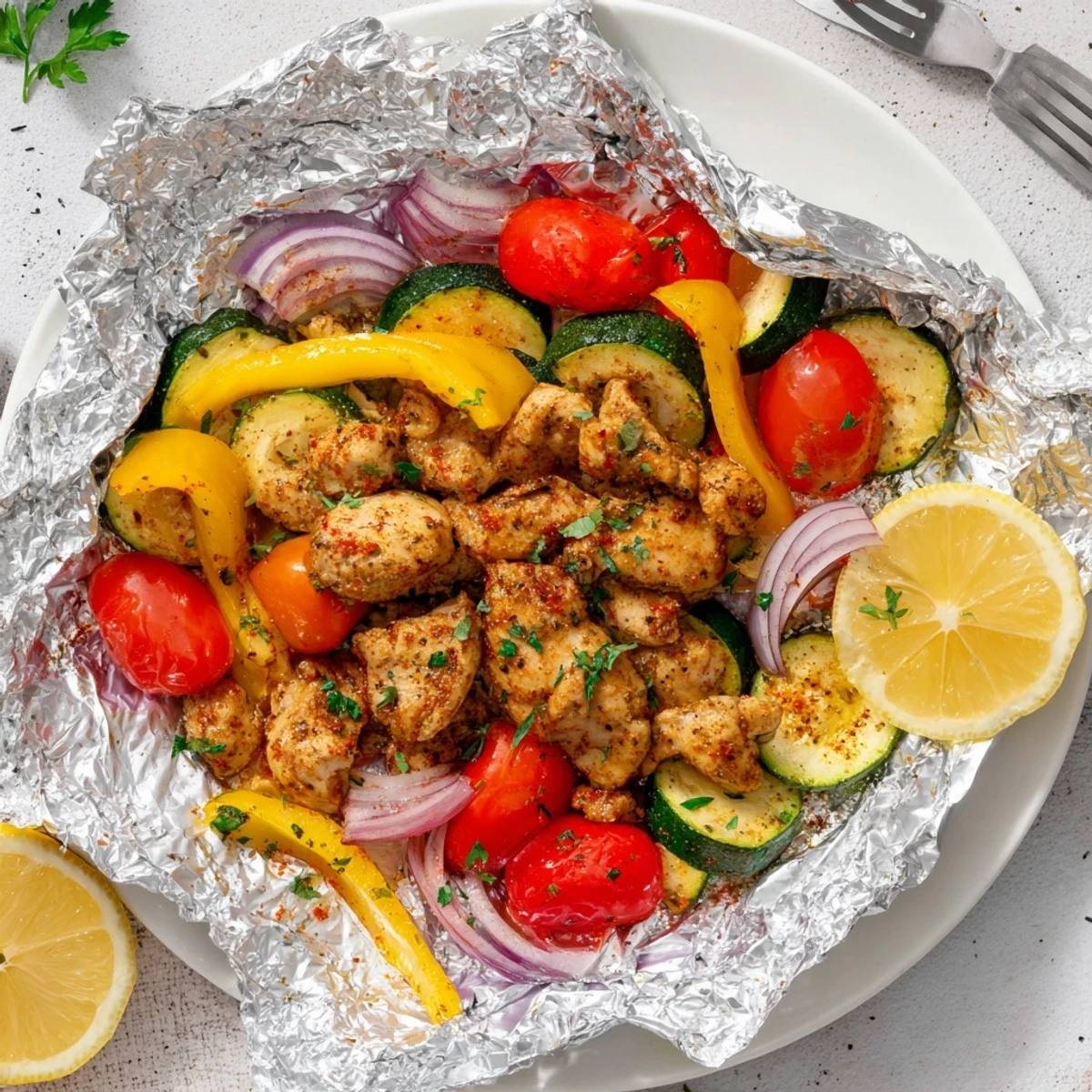 Golden chicken foil packets recipe steaming open over colorful summer vegetables.