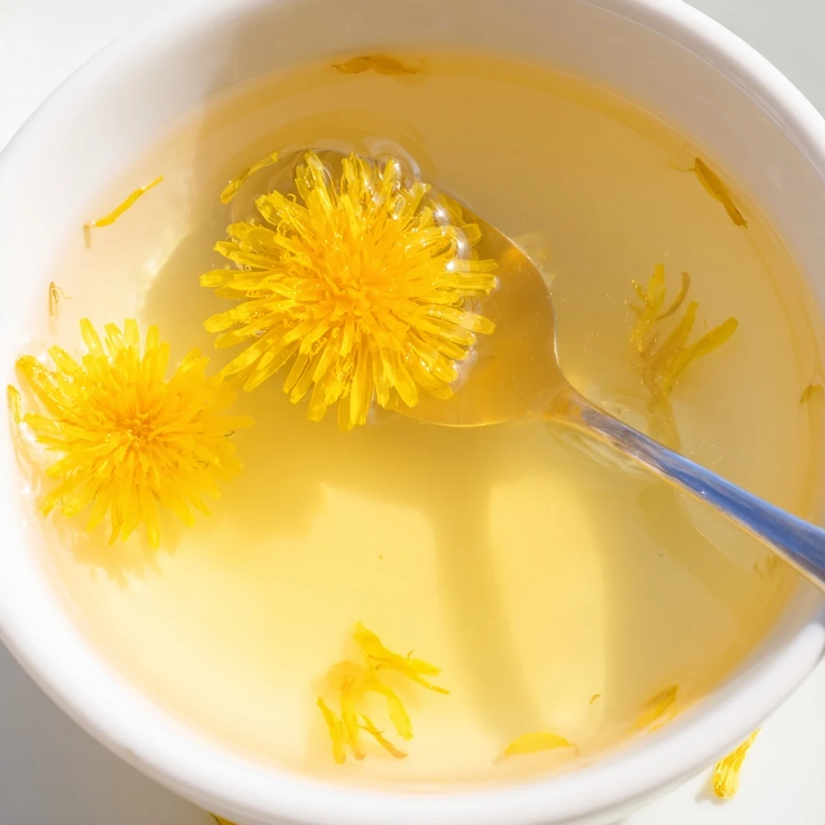 A jar of homemade fresh dandelion jelly glowing with bright yellow spring petals