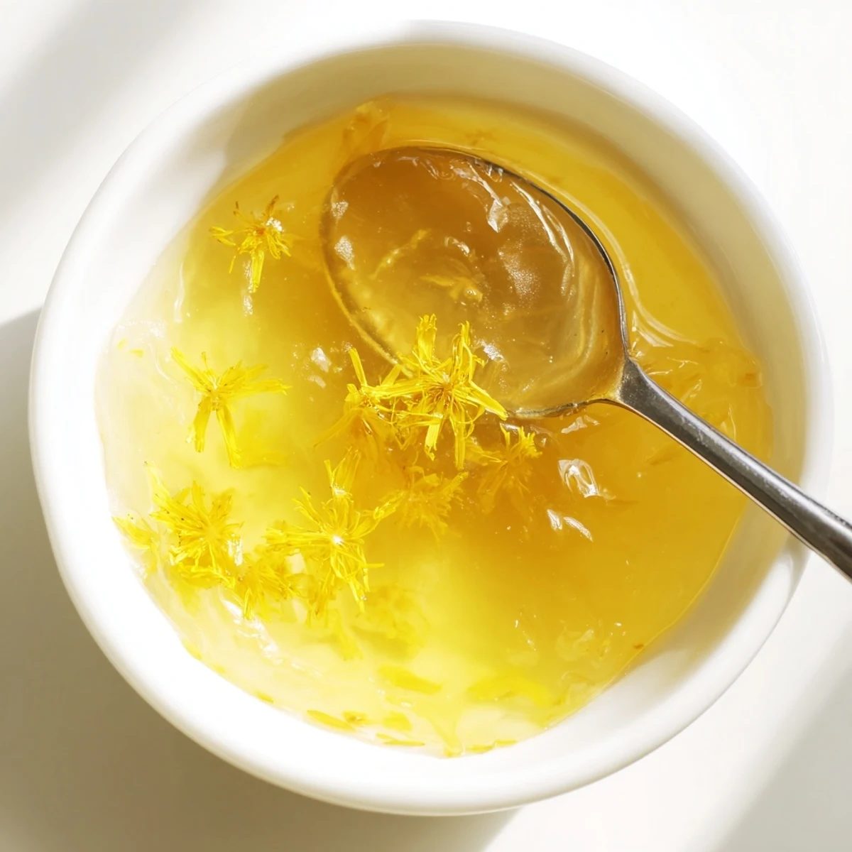 Golden homemade fresh dandelion jelly spooned onto a slice of warm toast