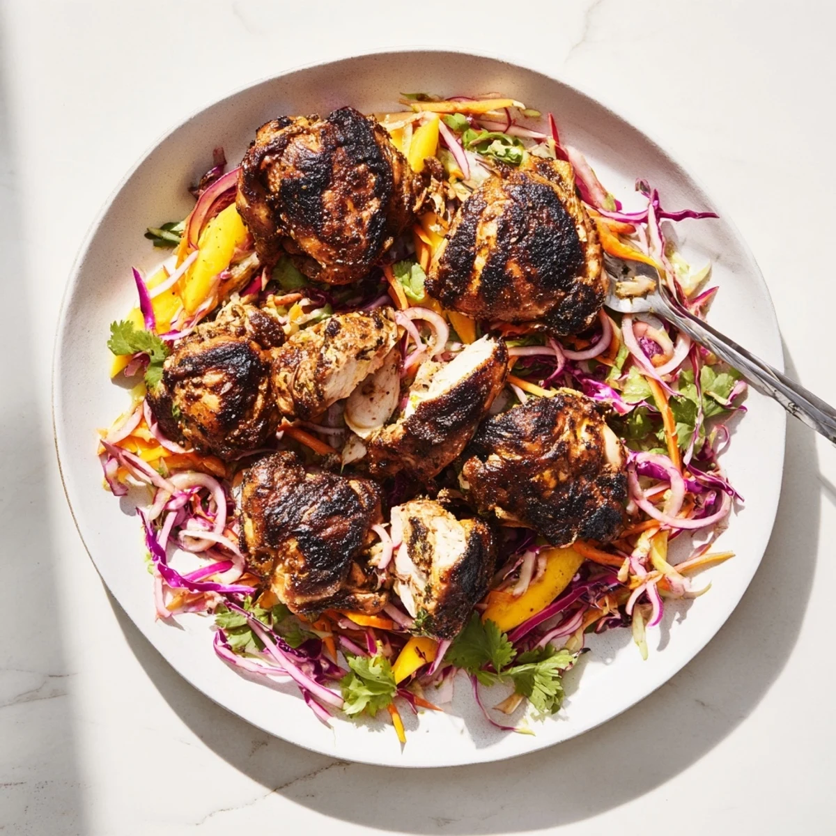 Charred spicy jerk chicken sliced over a bright crunchy mango slaw