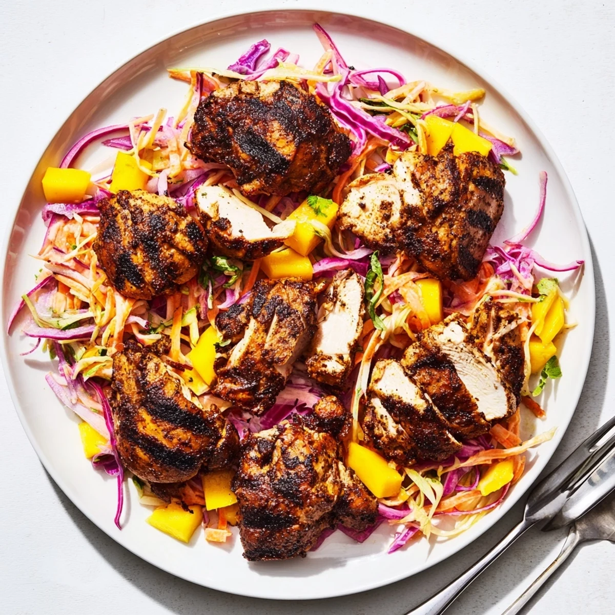 Smoky grilled jerk chicken thighs served with sweet tangy mango cabbage slaw