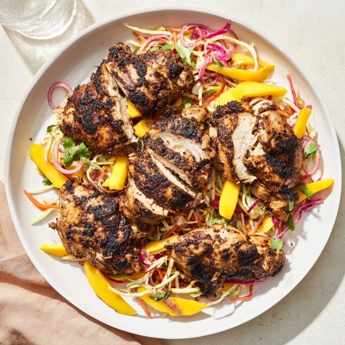 Juicy Caribbean jerk chicken resting on a colorful refreshing mango slaw platter