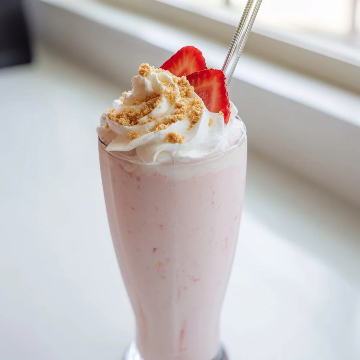 Tall glass of pink strawberry cheesecake milkshake topped with whipped cream and graham cracker crumbs