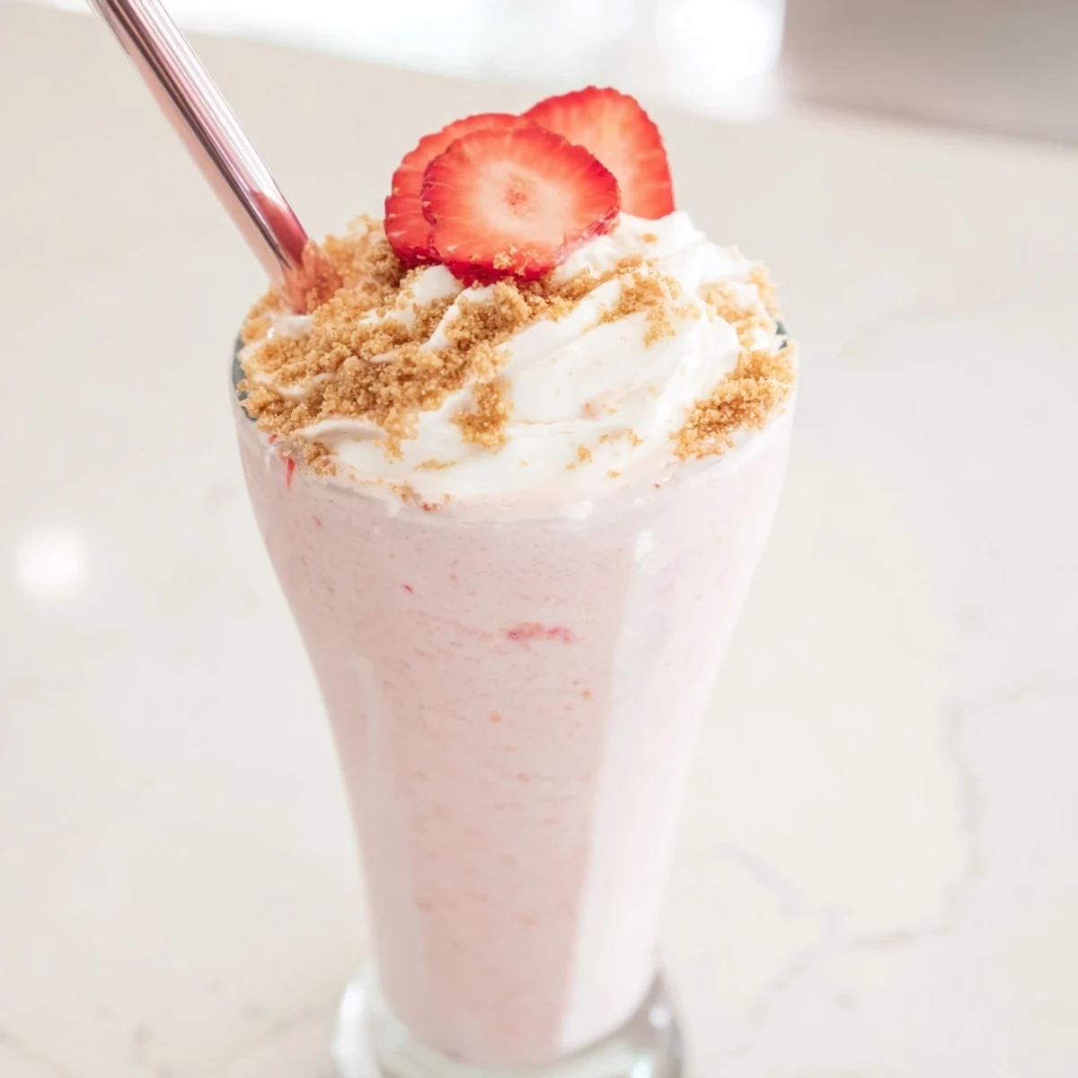 Creamy strawberry cheesecake milkshake garnished with sliced strawberries in a tall glass with a straw