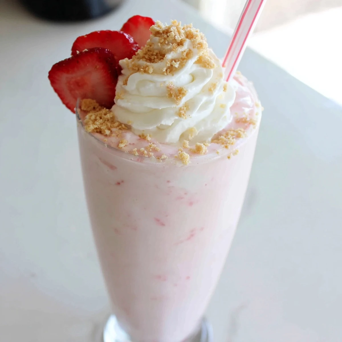 Thick pink strawberry cheesecake milkshake drizzled with graham cracker crumbs and fresh strawberry slices