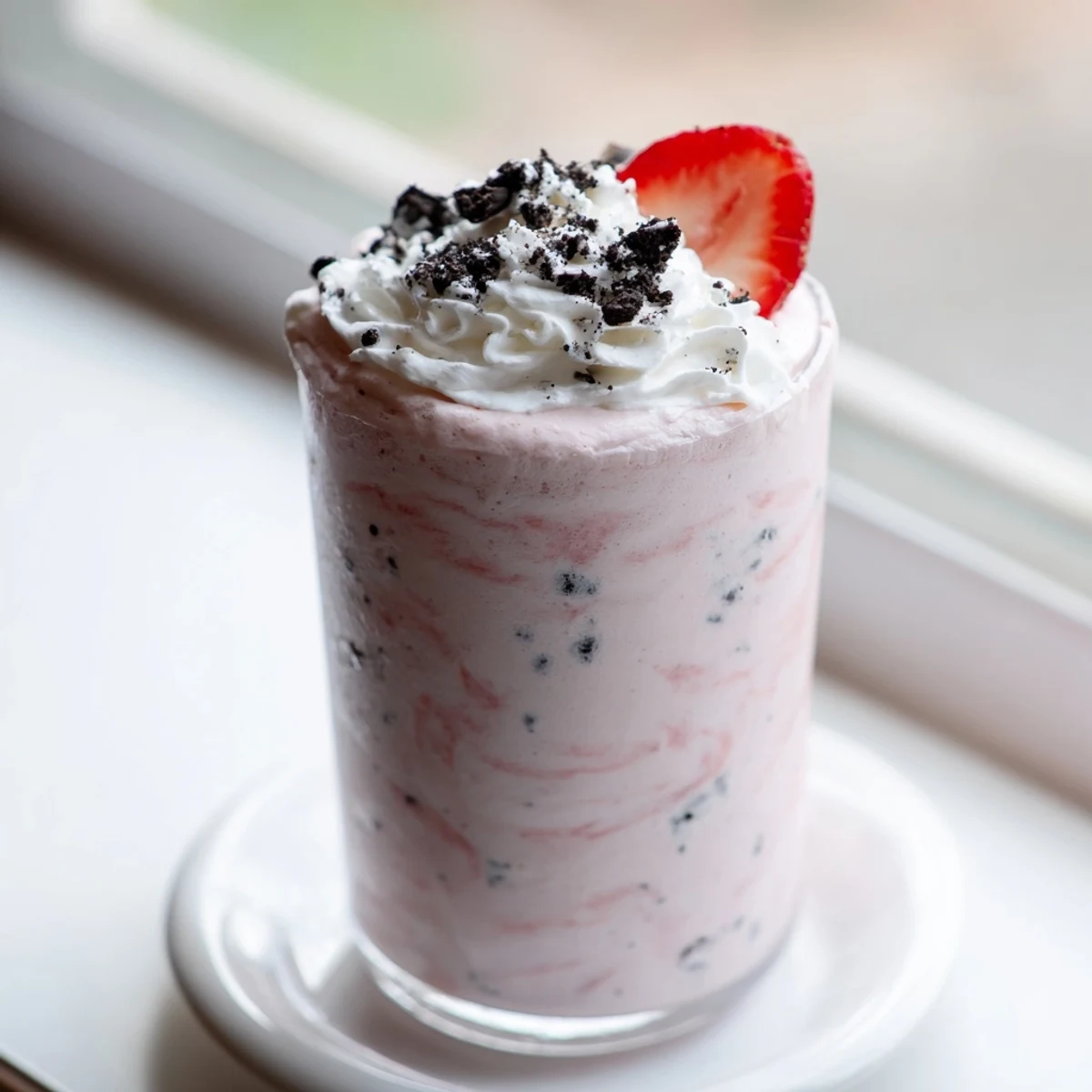 Thick pink Strawberry Oreo Milkshake topped with whipped cream and cookie crumbs